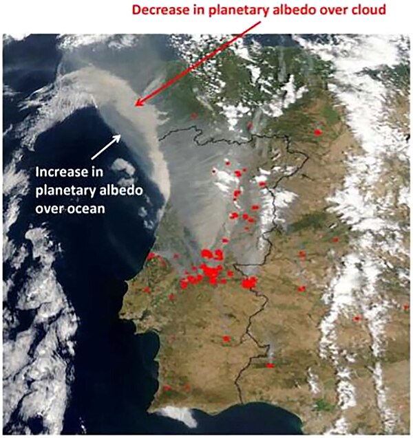 If smoke from wildfires mixes into clouds, it darkens them, decreasing their albedo. If there are no clouds, then smoke can increase albedo, particula