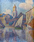 Paul Signac: Le clocher de Saint-Tropez / Klocktornet i Saint-Tropez (1896), olja på duk, 82×64cm, beslagtagen på Kronprinzenpalais i Berlin 30 oktober 1937. Såld utomlands 1939. Idag på Fondation Bemberg i Toulouse.