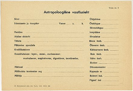 Anthropological survey paper from 1961 by Juhan Aul (et) from University of Tartu who measured about 50 000 people