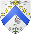 Blason de François Viète (mathématicien) : d'argent au chevron d'azur accosté de six étoiles d'or accompagné en chef d'un soleil d'or et en pointe d'un lys de jardin arrosé par une main dextre usant d'une nuée au côté sénestre du chevro