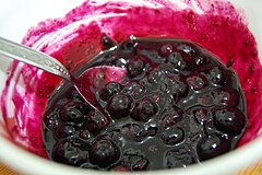 Blueberry compote, prepared as a cheesecake topping Blueberry sauce.jpg