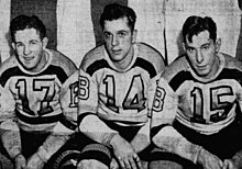 Bobby Bauer, Woody Dumart, and Milt Schmidt (left to right) in 1942. Bobby Bauer, Woody Dumart and Milt Schmidt 1942.jpg