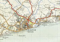 A 1947 Ordnance Survey map, showing Bognor Regis with Felpham to the right