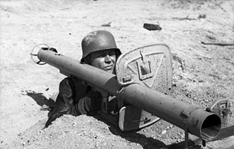 The German Panzerschreck was lethal at close range against armored vehicles Bundesarchiv Bild 101I-671-7483-29, Reichsgebiet, Soldat mit Panzerabwehrwaffe.jpg