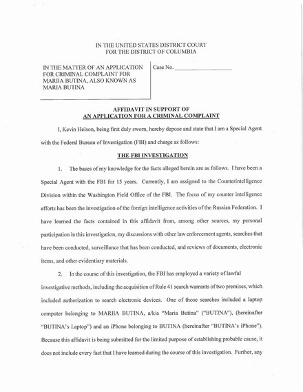 Affidavit supporting the criminal complaint against Maria Butina. Butina mariia - affidavit - july 2018 0 0.pdf