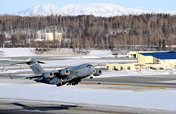 A C-17A Globemaster III takes off from Elmendorf AFB during 2010. The C-17 is operated by the 3rd Airlift Wing and 176th Airlift Wing from the base.