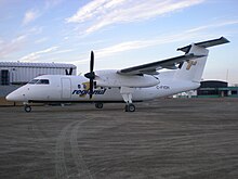 Former Regional 1 Bombardier Dash 8 at Cambridge Bay Airport used daily to carry workers to Hope Bay Aerodrome. Aircraft now operated by Provincial Airlines Limited of Newfoundland and Labrador