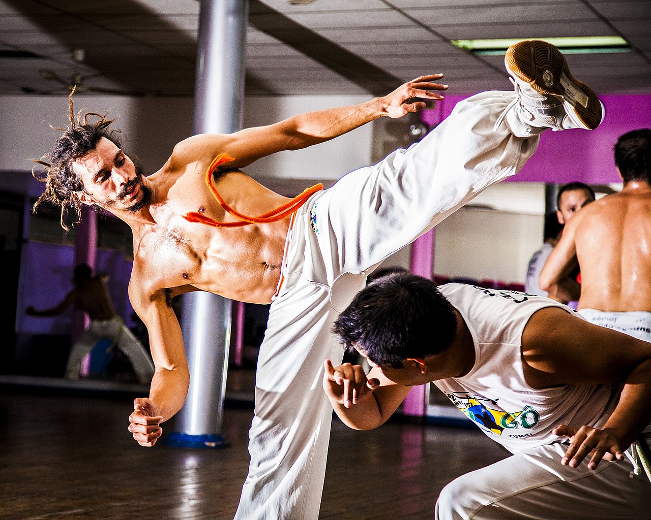 Capoeira, a Brazilian martial art that combines elements of dance,  acrobatics and music, and is usually referred to as a game - known for  quick and complex moves, using mainly power, speed,