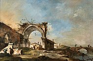 Capriccio med ødelagt bue, fiskere på bro 'av Francesco Guardi.jpg
