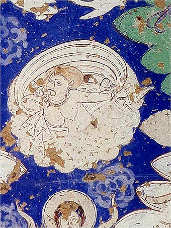 Blue pigment used on mural. Greco-Buddhist Wind God Boreas or Vayu, central part of the ceiling of Cave 38