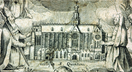 Dessin de la collégiale de Saint-Quentin entourée d'un évêque barbu, à gauche, et d'une religieuse, à droite.