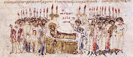 The passing of Michael II as depicted in the Madrid Skylitzes.