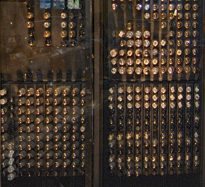  Detail of the back of a panel of ENIAC, showing vacuum tubes. This was taken from the computer lab, which has a glass window to the back of the piece of ENIAC on display at the Moore School of Engineering and Applied Science. The image was perspective-corrected and cropped by myself. Original photo courtesy of Paul W Shaffer, released under GNU license along with 3 other images in an email to me. Copyright 2005 Paul W Shaffer, University of Pennsylvania.