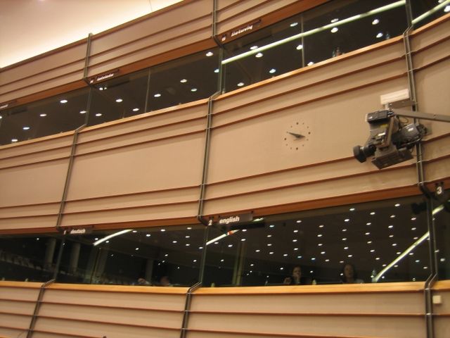 Interpretation booths in the debating chamber of the European Parliament (Brussels).