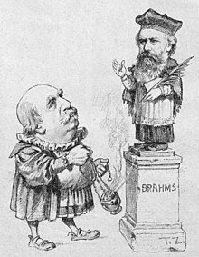 Eduard Hanslick offering incense to Brahms; cartoon from the Viennese satirical magazine, Figaro, 1890 (Source: Wikimedia)