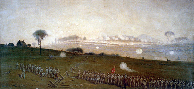 Pickett's Charge from a position on the Confederate line looking toward the Union lines, Ziegler's Grove on the left, clump of trees on right, paintin
