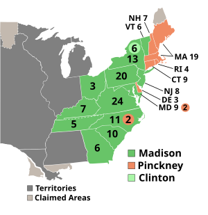 Kort over, hvem, der har vundet hvilke stater (orange=Pinckney, grøn=Madison, lysegrøn=Clinton, grå=territorier/hævdede territorier)