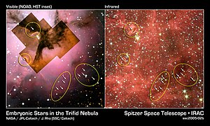 The visible-light (left) and infrared (right) views of the Trifid Nebula--a giant star-forming cloud of gas and dust located 5,400 light-years away in the constellation Sagittarius Ssc2005-02b.jpg