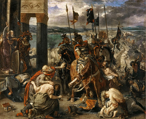 "כניסת הצלבנים לקונסטנטינפול" (אז'ן דלקרואה, 1840). הפעולה הידועה ביותר של מסע הצלב הרביעי הייתה בזיזת העיר הנוצרית-אורתודוקסית קונסטנטינופוליס.