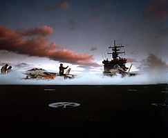 F-14 and F-18 prepare for launch.