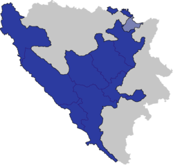 Location of the Federation of Bosnia and Herzegovina (blue) within Bosnia and Herzegovina.a