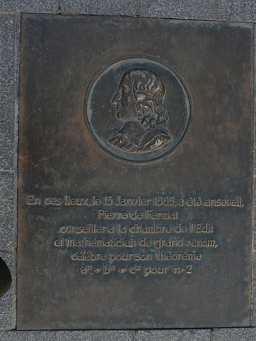 Place of burial of Pierre de Fermat in Place Jean Jaurés, Castres. Translation of the plaque: in this place was buried on January 13, 1665, Pierre de 