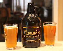 A growler of beer from Flounder Brewing, a nanobrewery in New Jersey, US Flounder growler.jpg