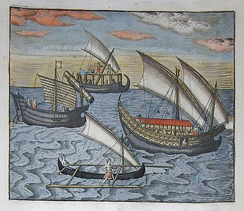 Southeast Asian djongs (D'Eerste Boeck, c. 1599) with both tanja and junk rigs, the double rudders distinguished Southeast Asian ships from the Chinese chuán which had a central rudder[26]