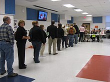 Voters wait in queue at a polling station on the campus of George Mason University GMU Mason Votes Election Day 004 (3004497702).jpg