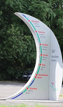 A sculpture at the Rhein-Main Regional Park (de) in Germany showing Mainz and other cities around the world that lie along the 50th parallel north (distances not to scale) Geodesia Stele.jpg