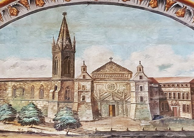 The old cathedral of Mdina, as depicted on a fresco at the Grandmaster's Palace in Valletta