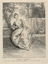 Pierre-Alexandre Aveline[fr].  Amante preocupado.  1729. Grabado a partir de un cuadro de Antoine Watteau.  Papel, cúter, grabado Louvre, París