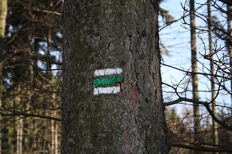 File:Green hiking sign near Rudíkov, Třebíč District.jpg