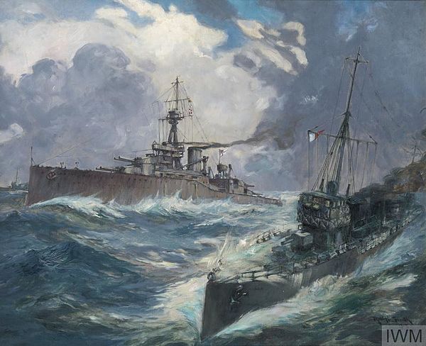 Painting of Conqueror and an escorting destroyer by Robert Henry Smith, 1915