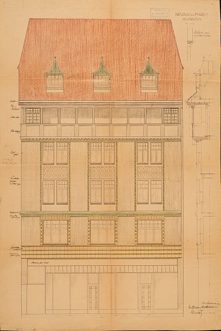 Heilbronn, Kaiserstraße 30, ausgeführte Fassade von 1912, Entwurf Ludwig Knortz (* 5. Oktober 1879; † 3. November 1936)