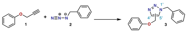 Voorbeeld van Huisgen-cycloadditie tussen een alkyn en een azide tot een triazool