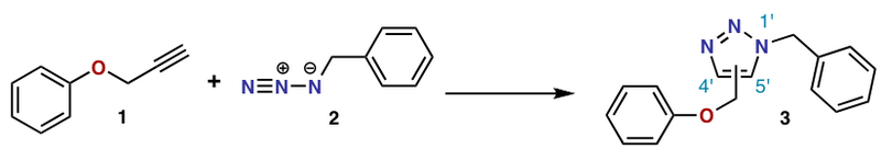 Algemeen verloop van de Huisgen-1,3-dipolaire cycloadditie met een azide en een alkyn