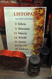 A name day list at a store in Warsaw alongside gifts Imieniny-listopad.jpg