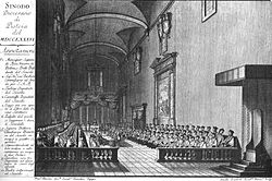 The Synod of Pistoia held in the church of S. Benedetto, Pistoia, 1786. Incisione del 1786, sinodo diocesano in Pistoia (seminario vescovile).jpg
