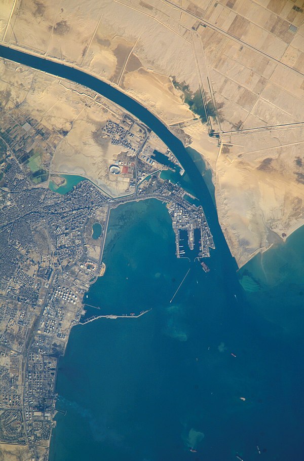 The southern terminus of the Suez Canal at Suez on the Gulf of Suez, at the northern end of the Red Sea