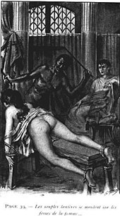 Georges Topfer illustration on a Jean de Virgans book (1922), representing a bound woman's flogging in Ancient Rome Jean de Virgan - Flogged over bench.jpg