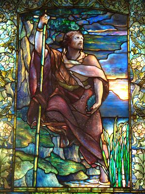 A window by Tiffany illustrating the development and use of multi-coloured flashed, opalised and streaky glasses at the end of the 19th century