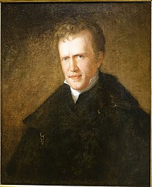 Color oil painting of a young white man with light brown short wavy hair and a plain countenance