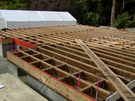 A partially constructed floor built with I-joists