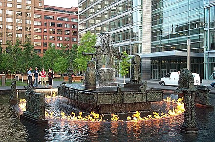 La Joute by Jean-Paul Riopelle, an outdoor kinetic sculpture installation with fire jets, fog machines, and a fountain in Montreal.