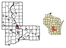 Juneau County Wisconsinin sisällyttämät ja rekisteröimättömät alueet Wisconsin Dells Highlighted.svg