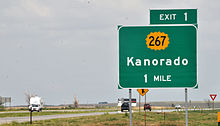 Kanorado exit on Interstate 70, the west most exit in Kansas (2015) KanoradoExit 1.jpg