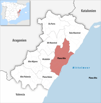 Die Lage der Comarca Plana Alta in der Provinz Castellón