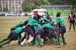 A maul during a Kenya Cup match between KCB and Kenya Harlequins. Kenyaclubrugbykcb.jpg