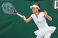 Kimiko Date-Krumm competing in the first round of the 2015 Wimbledon Qualifying Tournament at the Bank of England Sports Grounds in Roehampton, England. The winners of three rounds of competition qualify for the main draw of Wimbledon the following week.